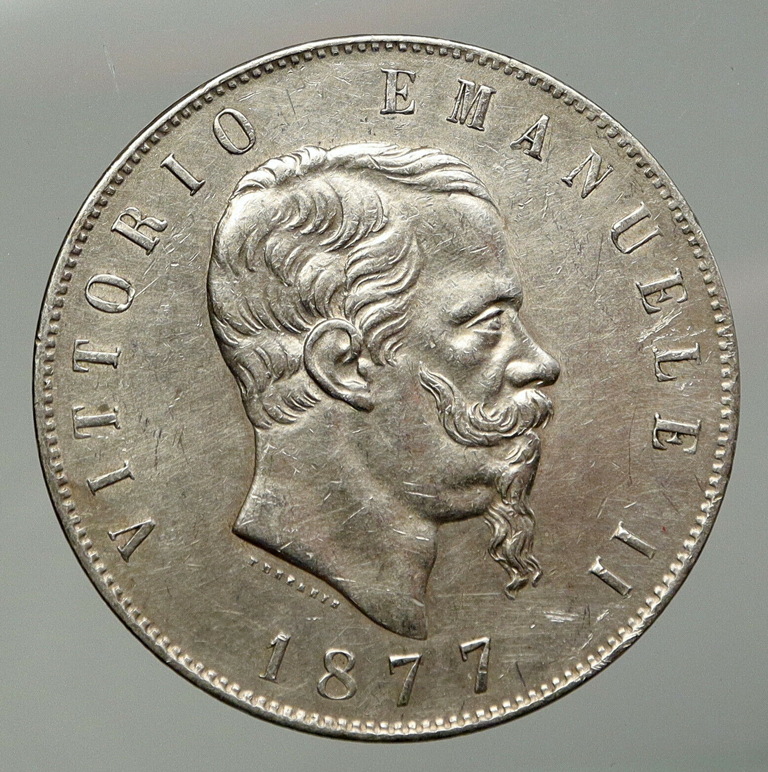 1877 ITALY King Victor Emmanuel II OLD Silver 5 Lire Antique ITALIAN Coin i92925