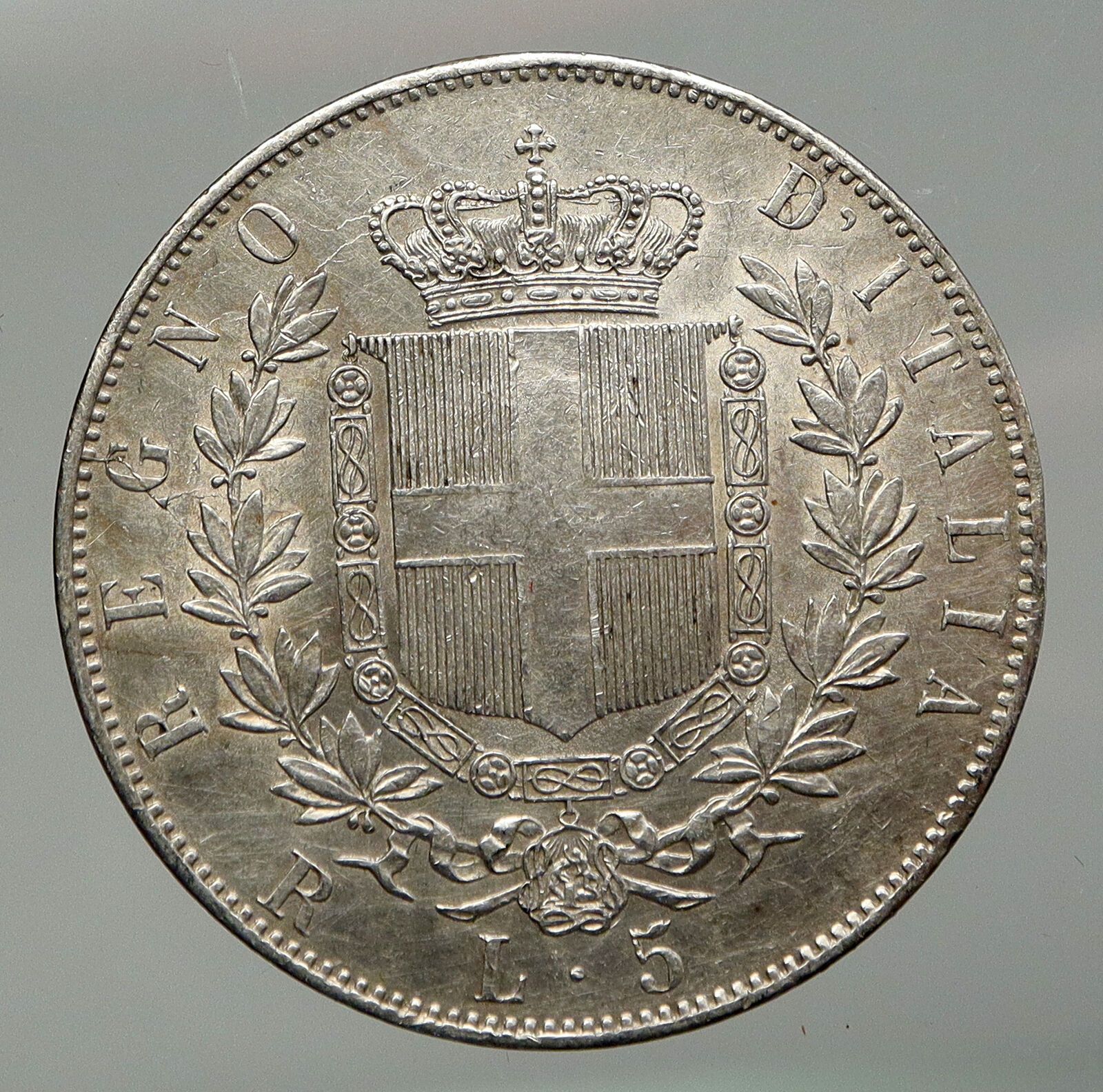 1877 ITALY King Victor Emmanuel II OLD Silver 5 Lire Antique ITALIAN Coin i92925