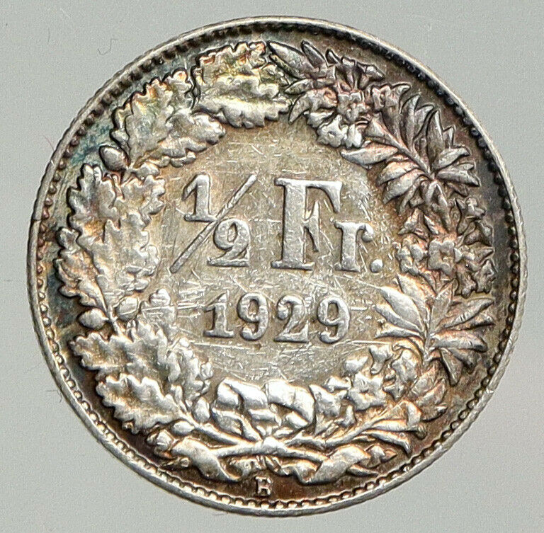 1929B SWITZERLAND HELVETIA Symbolizes SWISS Nation SILVER 1/2 Francs Coin i92878