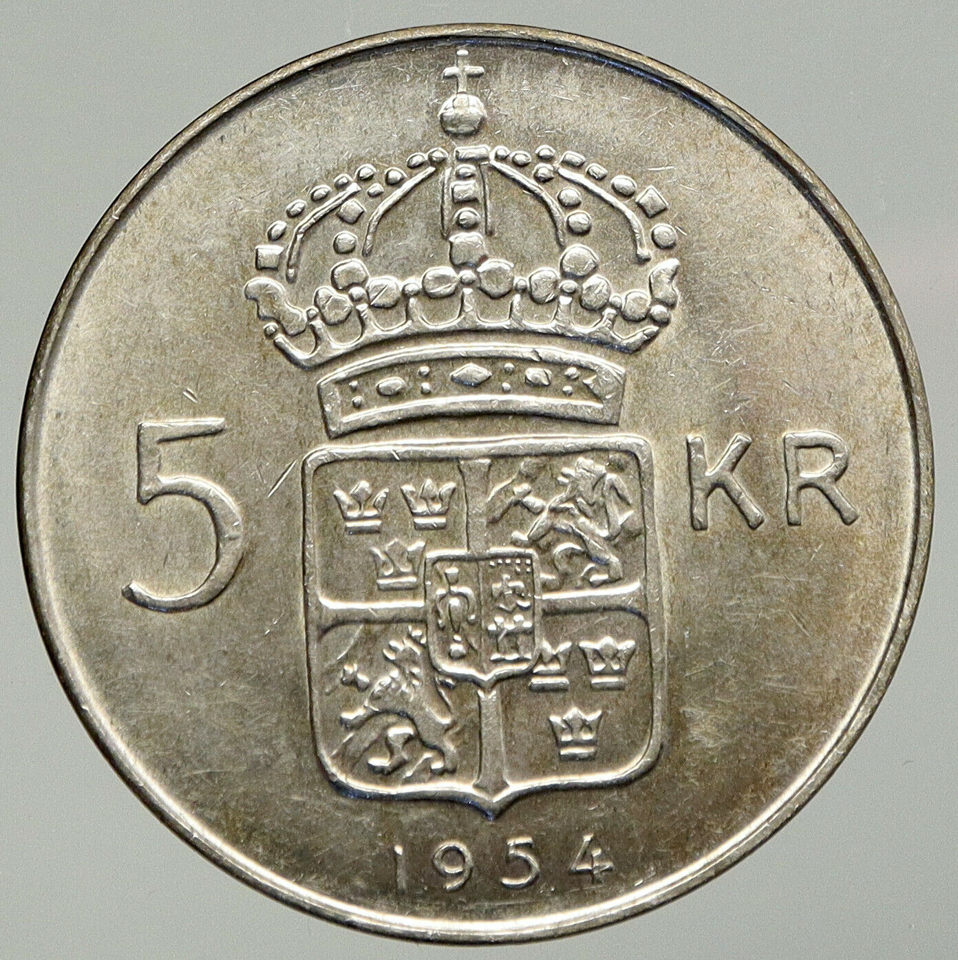 1954 Sweden KING GUSTAF VI Crowned ARMS Vintage OLD Silver 5 Kroner Coin i92879