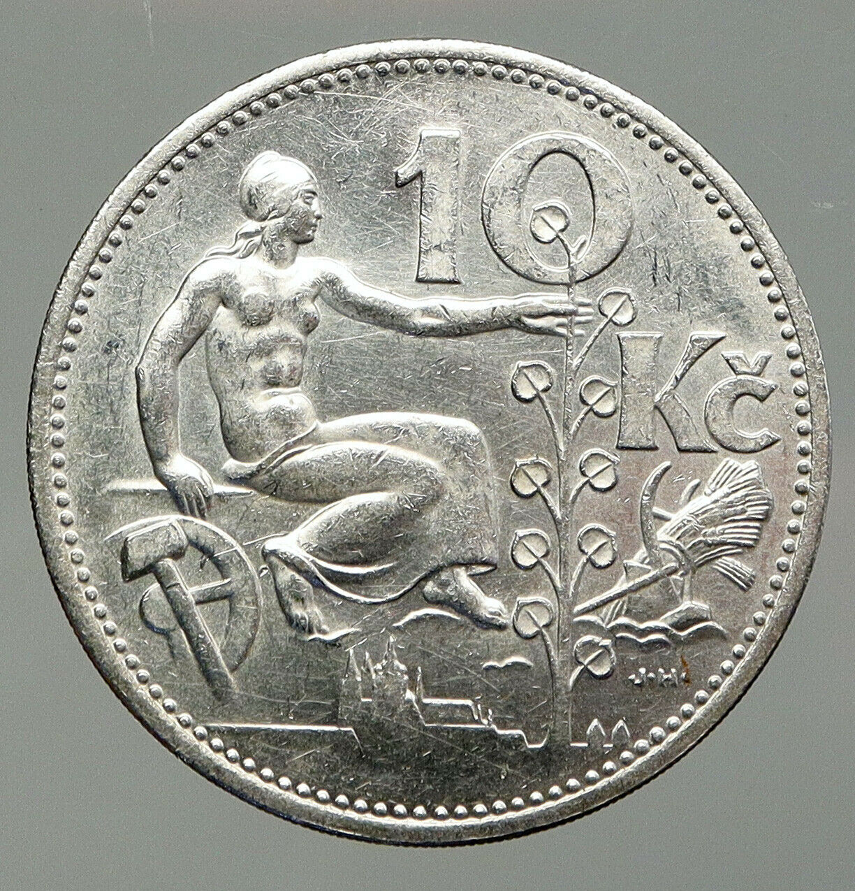 1932 CZECH REPUBLIC Woman & Lime TREE Old ANTIQUE Silver 10 Korun Coin i92927