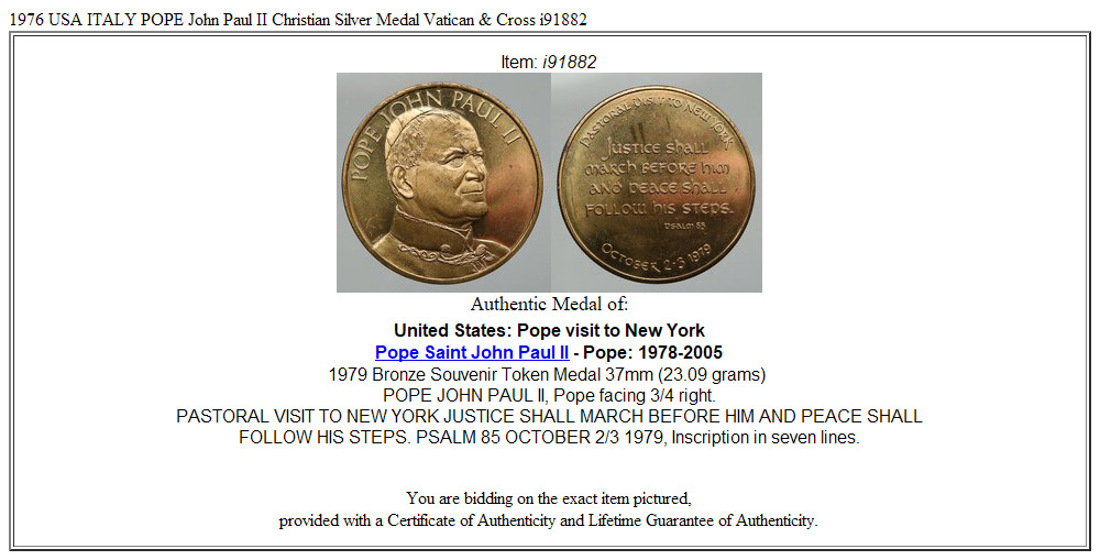 1976 USA ITALY POPE John Paul II Christian Silver Medal Vatican & Cross i92992