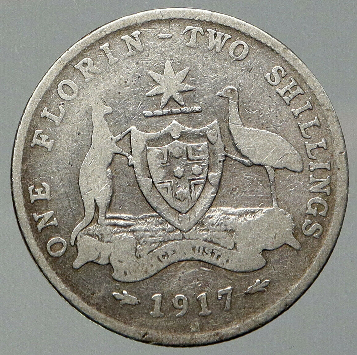 1917 M AUSTRALIA UK King George V COAT OF ARMS Vintage Silver Florin Coin i92599