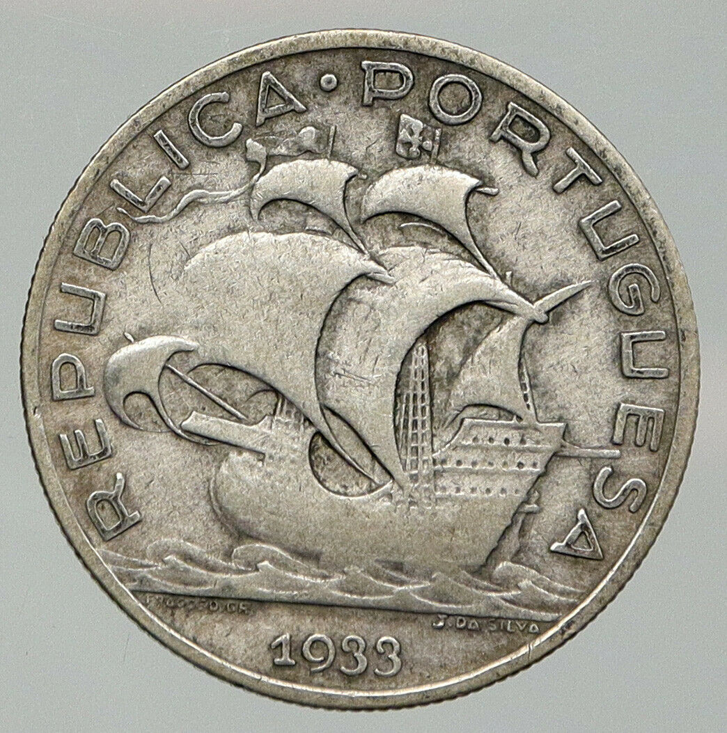 1933 PORTUGAL with PORTUGUESE SAILING SHIP Vintage Silver 5 Escudos Coin i92603