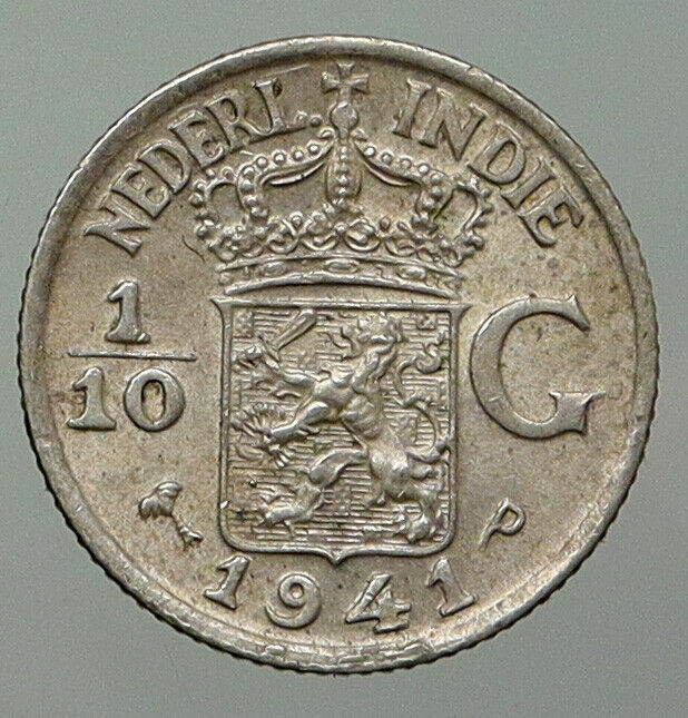 1941 P Netherlands EAST INDIES Queen WILHELMINA Silver 1/10 Gulden Coin i93003