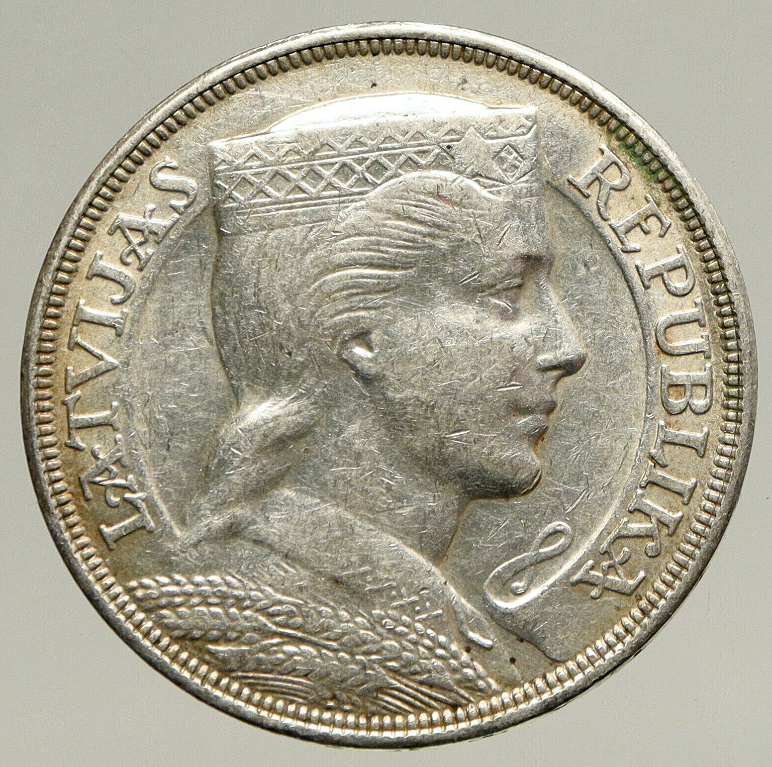 1931 LATVIA w Female Headwear 5 Lati LARGE Vintage Silver European Coin i93455