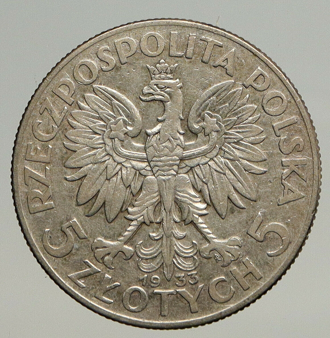 1933 POLAND Queen Jadwiga & Eagle Polish Antique Silver 5 Zlotych Coin i93713