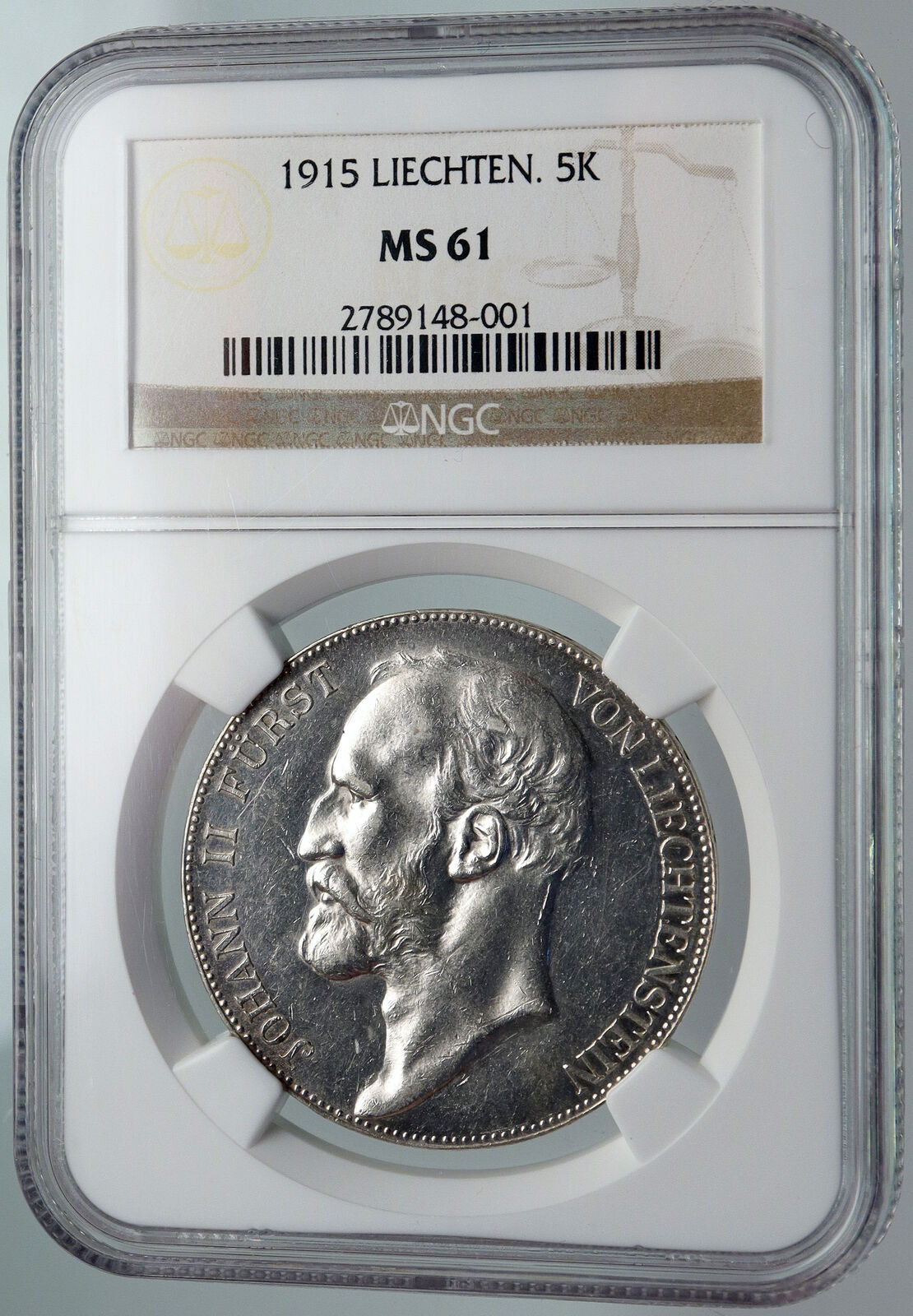 1915 LIECHTENSTEIN Prince Johann II Vintage OLD Silver 5 Kronen Coin NGC i90710