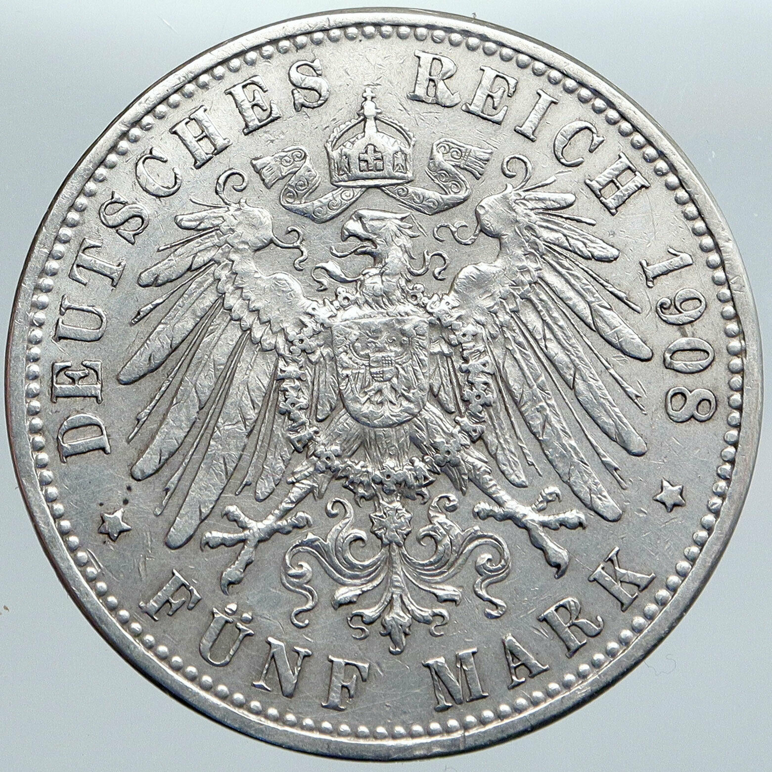 1908A GERMANY GERMAN STATES PRUSSIA WILHELM II Antique Silver 5 Mark Coin i89106