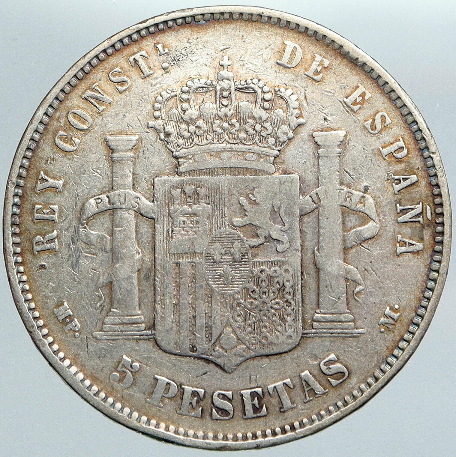 1890 SPAIN with Spanish King ALFONSO XIII Antique Silver 5 Pesetas Coin i89108