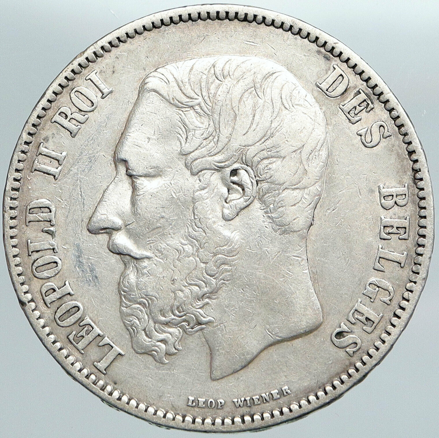 1868 BELGIUM with King LEOPOLD II and LION Vintage Silver 5 Francs Coin i89109