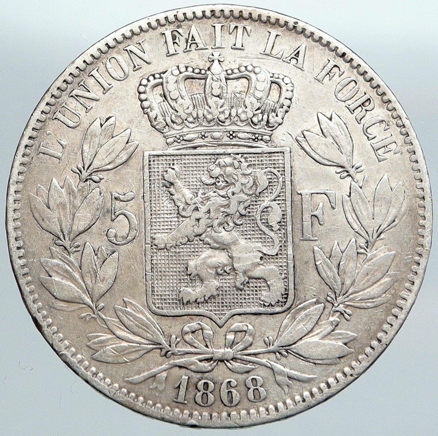 1868 BELGIUM with King LEOPOLD II and LION Vintage Silver 5 Francs Coin i89109