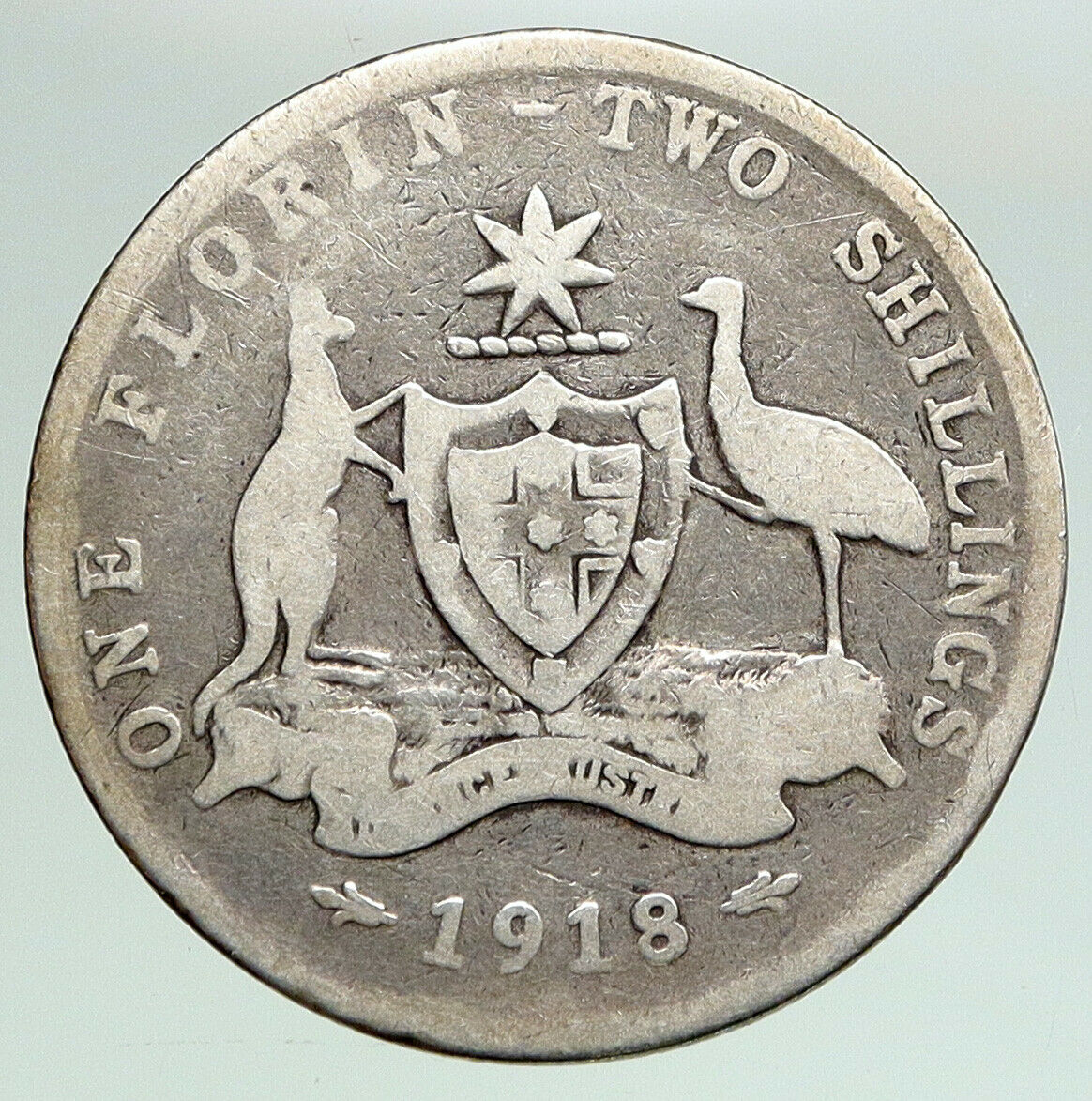 1918 M AUSTRALIA UK King George V COAT OF ARMS Vintage Silver Florin Coin i92136