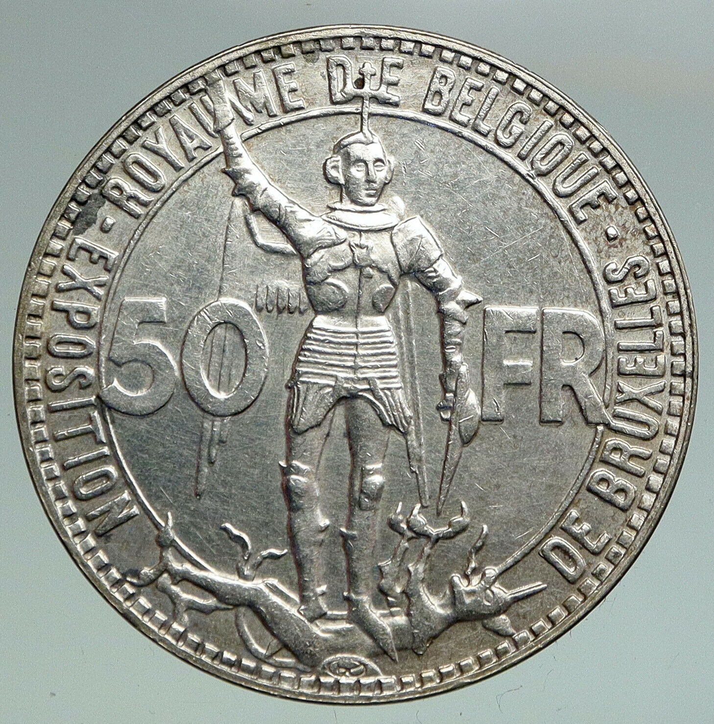 1935 BELGIUM BRUSSELS WORLD's FAIR 58 Saint Michael Silver 50 Francs Coin i92128