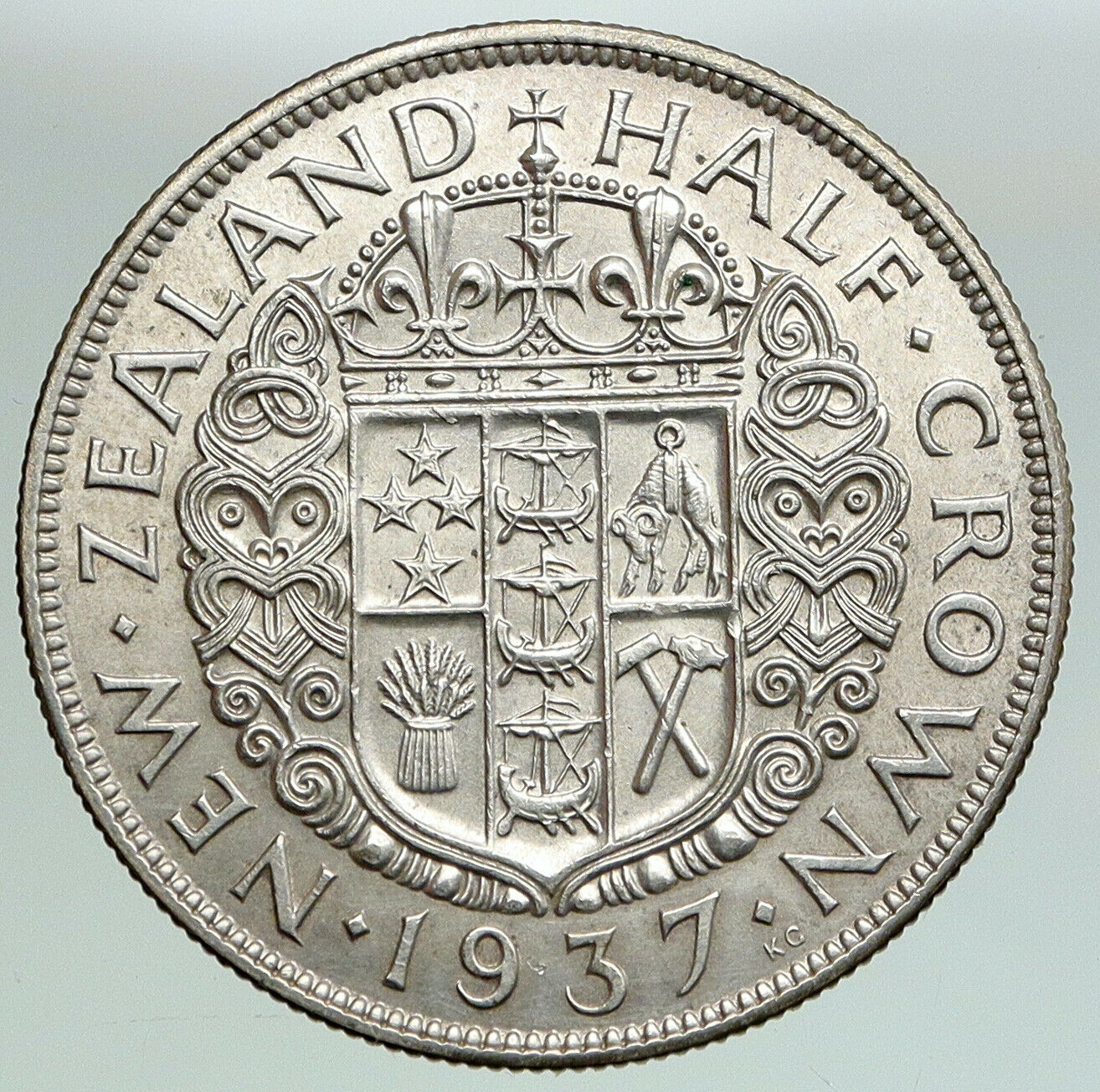 1937 NEW ZEALAND under UK King George VI OLD Silver 1/2 Crown Coin Shield i92132