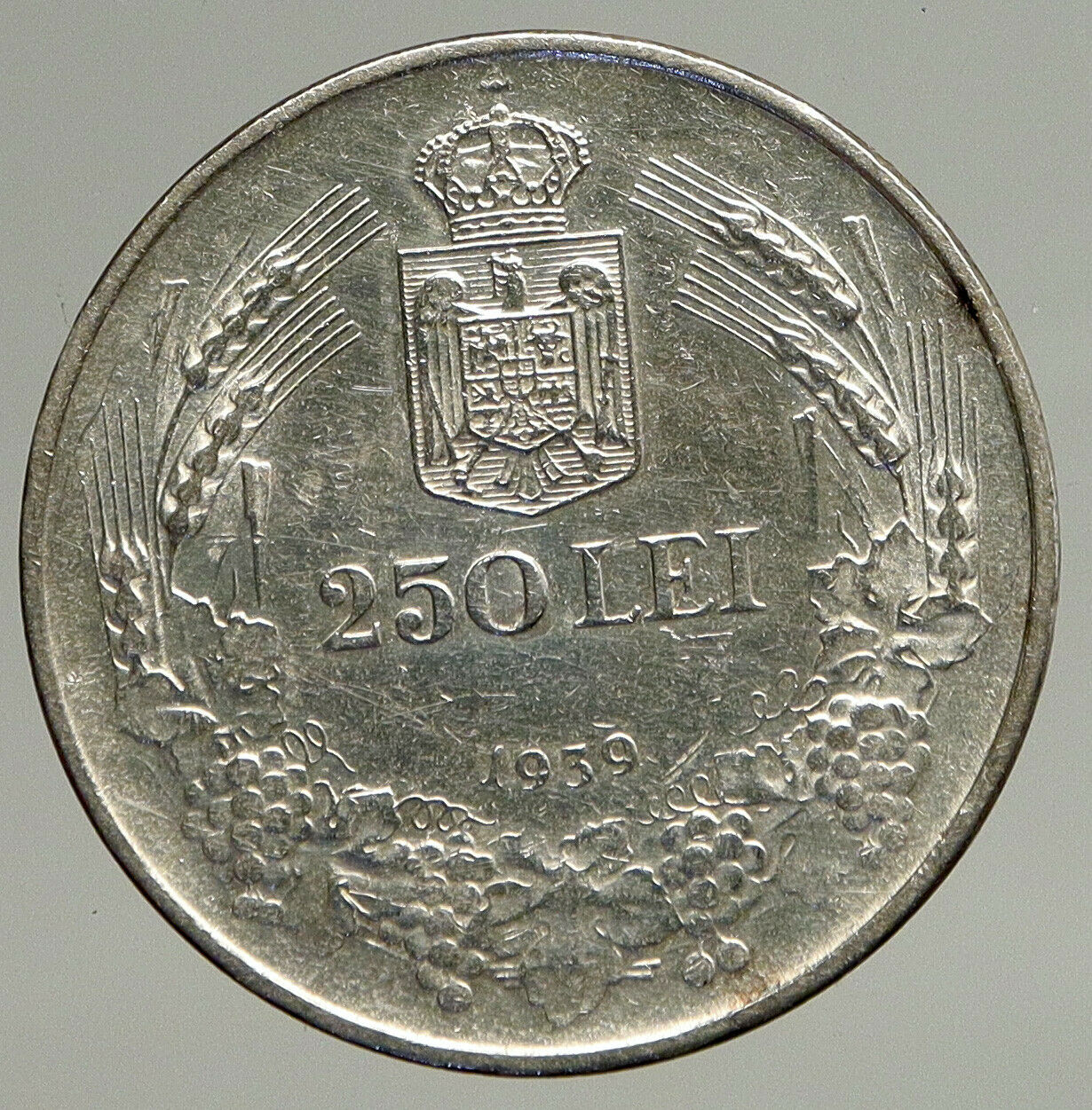 1939 ROMANIA King Carol II Shield VINTAGE Silver 250 Lei Romanian Coin i93522