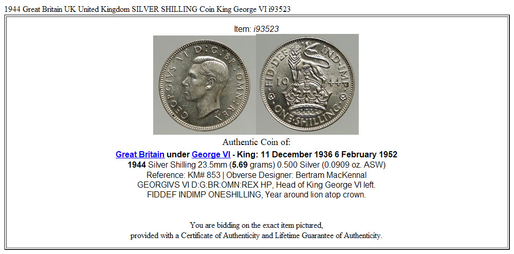 1944 Great Britain UK United Kingdom SILVER SHILLING Coin King George VI i93523