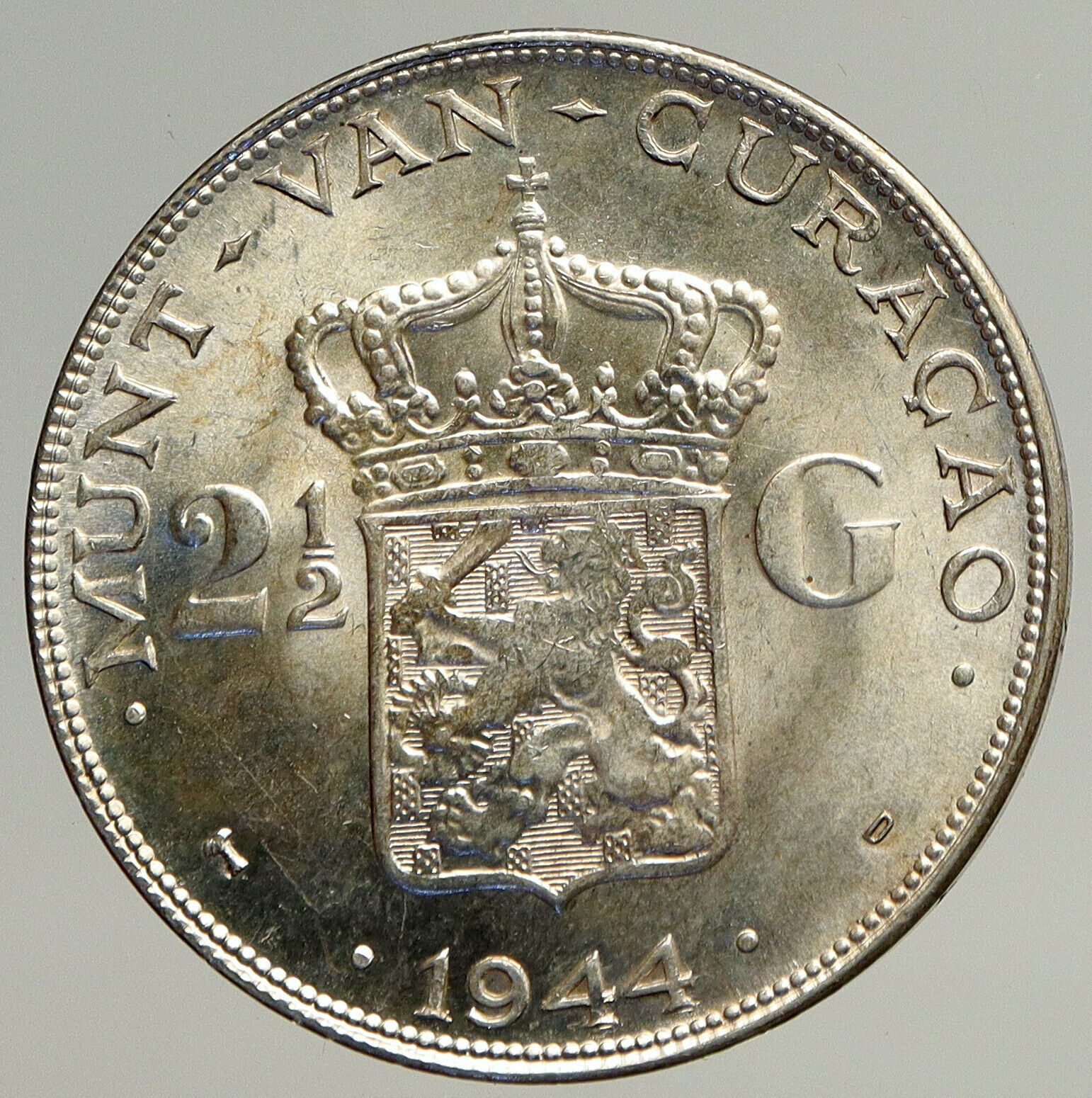 1944 CURACAO Netherlands Kingdom WILHELMINA Old Silver 2 1/2 Gulden Coin i93526