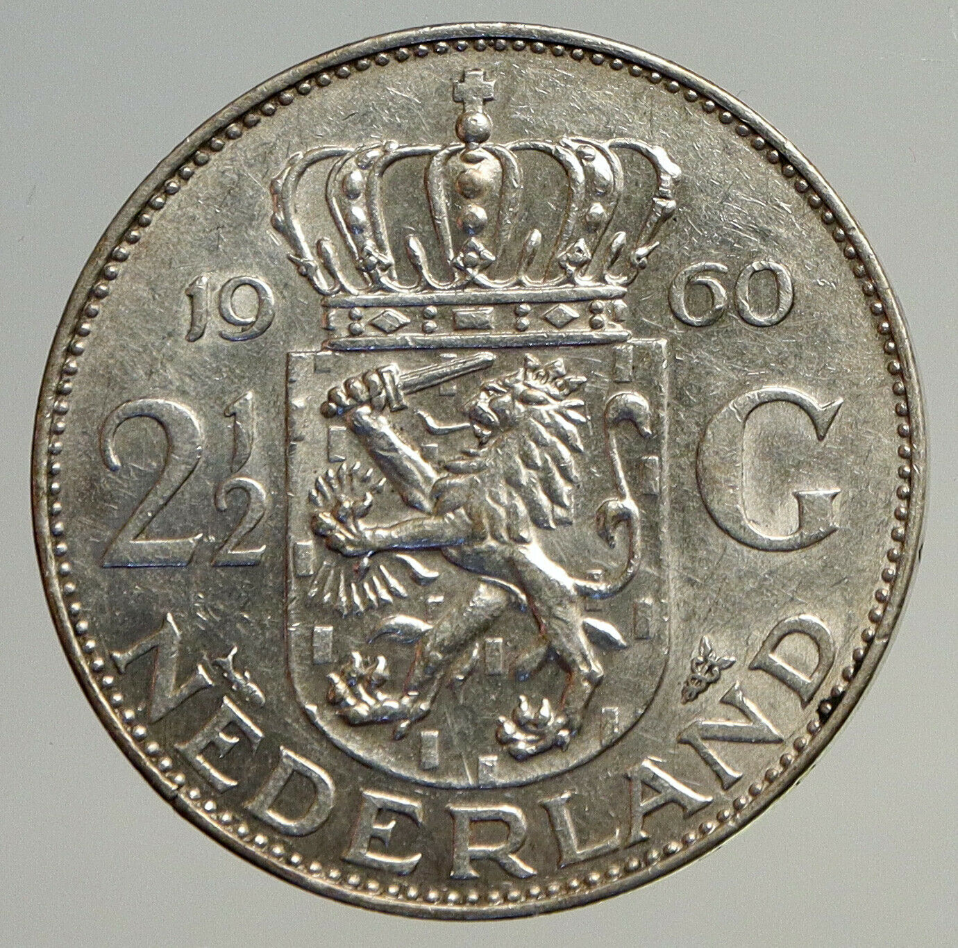 1960 Netherlands Kingdom Queen JULIANA Authentic Silver 2 1/2 Gulden Coin i93512