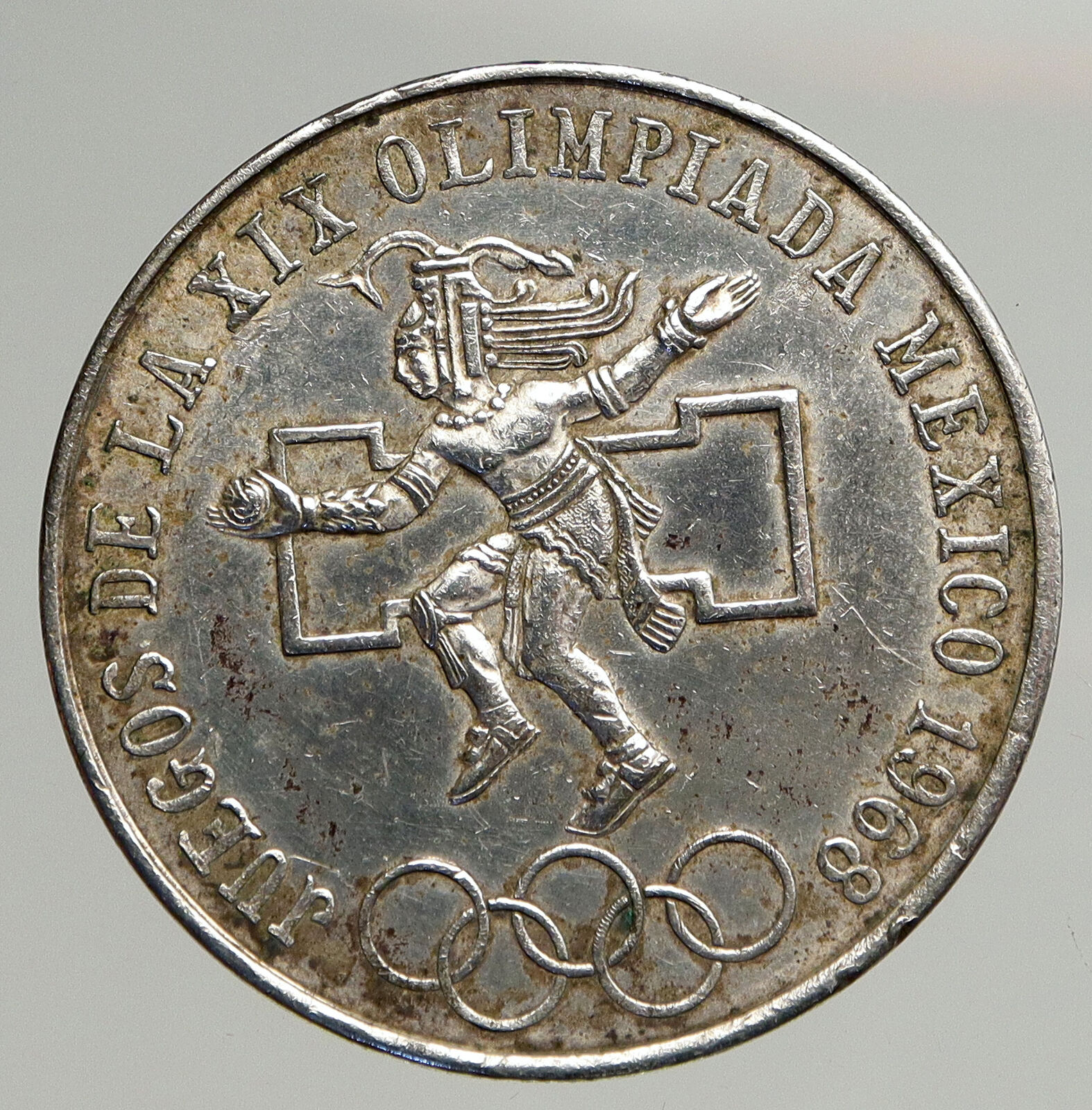 1968 Mexico XIX Olympic Games Aztec Ball Player BIG 25 Pesos Silver Coin i93757