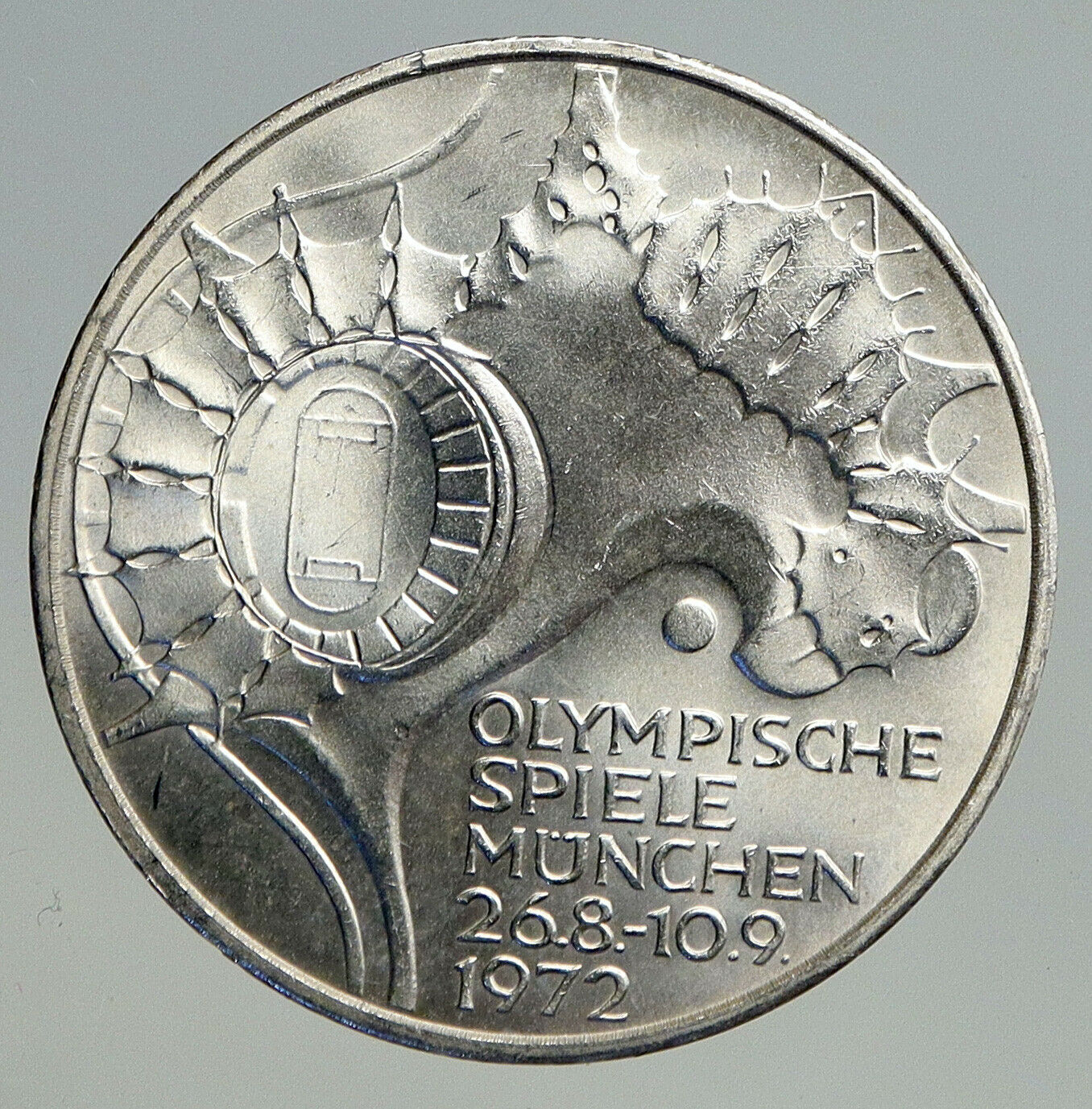 1972 D Germany Munich Summer Olympics Stadium VINTAGE 10 Mark Silver Coin i93795