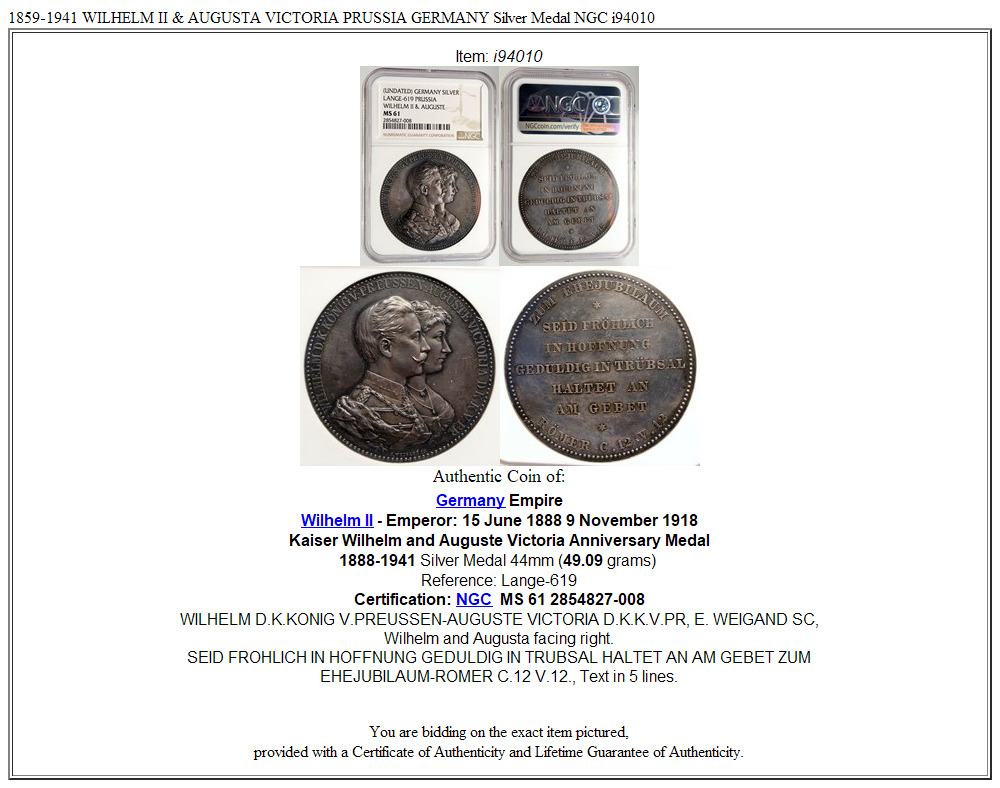 1859-1941 WILHELM II & AUGUSTA VICTORIA PRUSSIA GERMANY Silver Medal NGC i94010