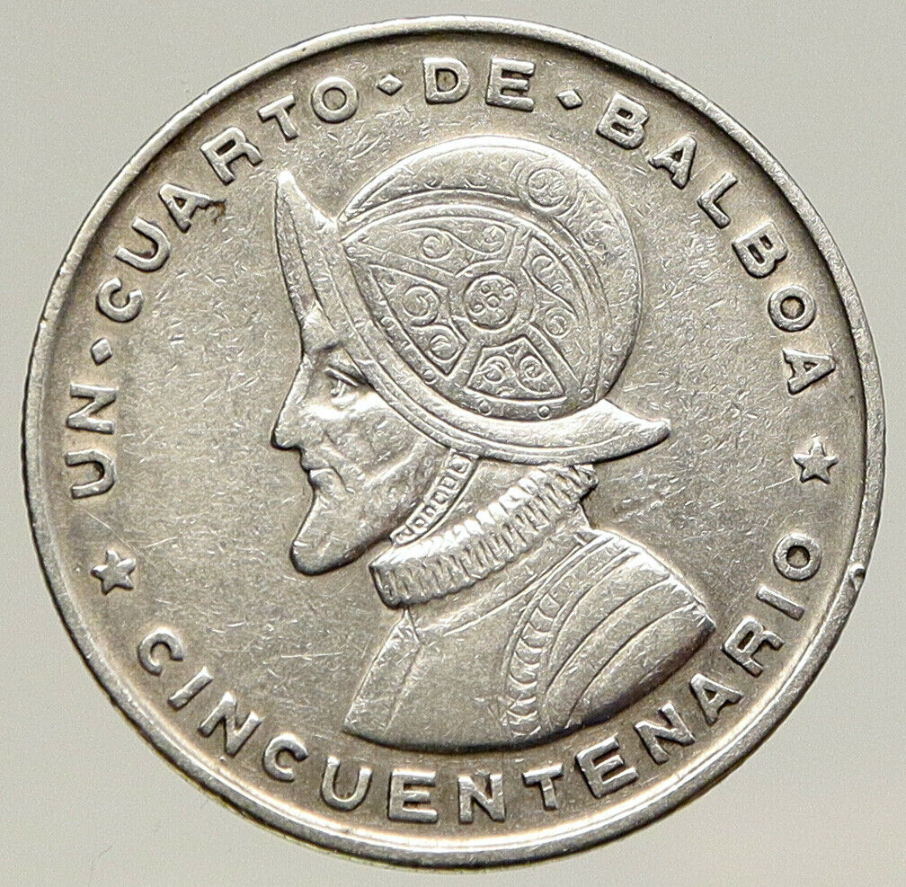 1953 PANAMA Antique VINTAGE Silver Spanish CONQUISTADOR 1/4 Balboa Coin i93203