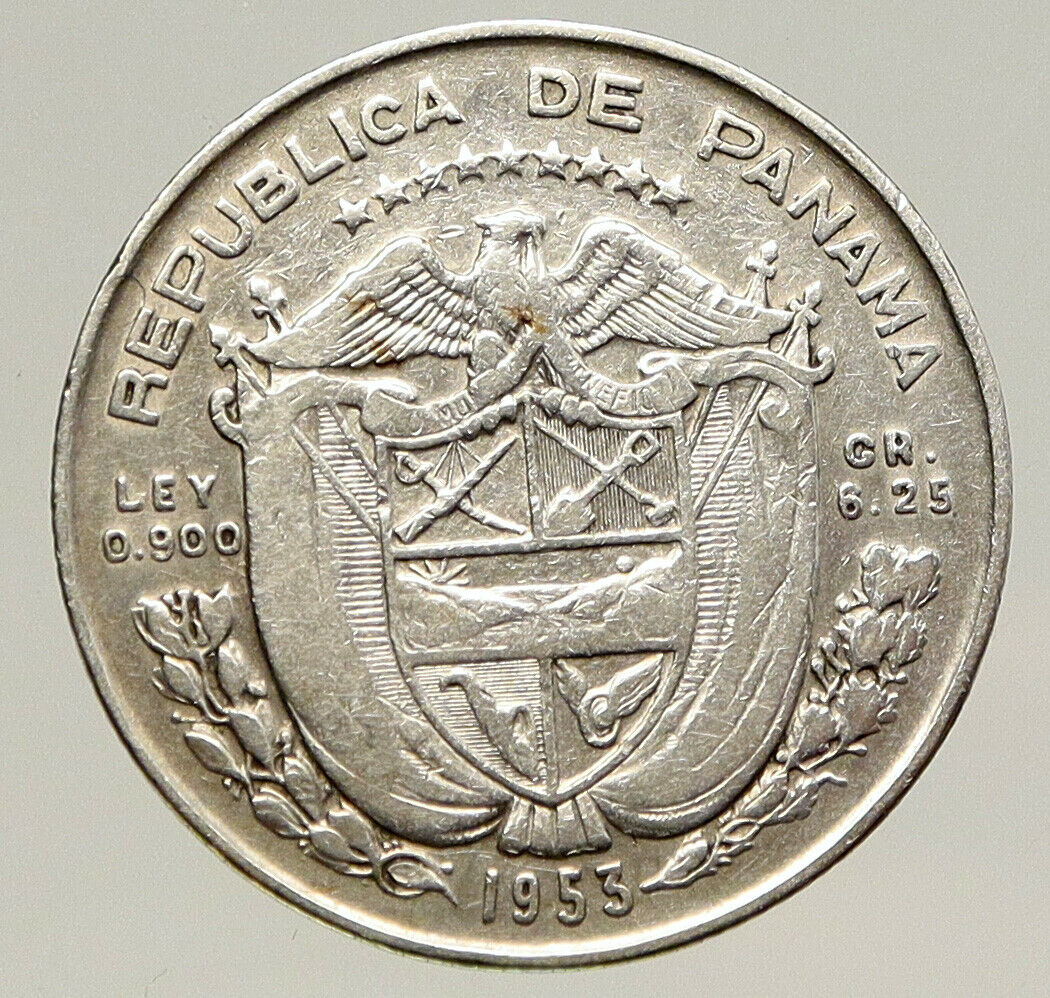 1953 PANAMA Antique VINTAGE Silver Spanish CONQUISTADOR 1/4 Balboa Coin i93203