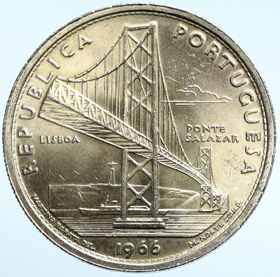 1966 PORTUGAL Opening of SALAZAR BRIDGE Antique BU Silver 20 Escudos Coin i99412