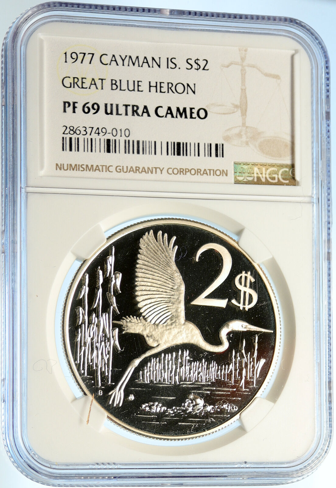 1977 CAYMAN ISLANDS 4.0cm GREAT BLUE HERON BIRD Proof Silver $2 Coin NGC i99632