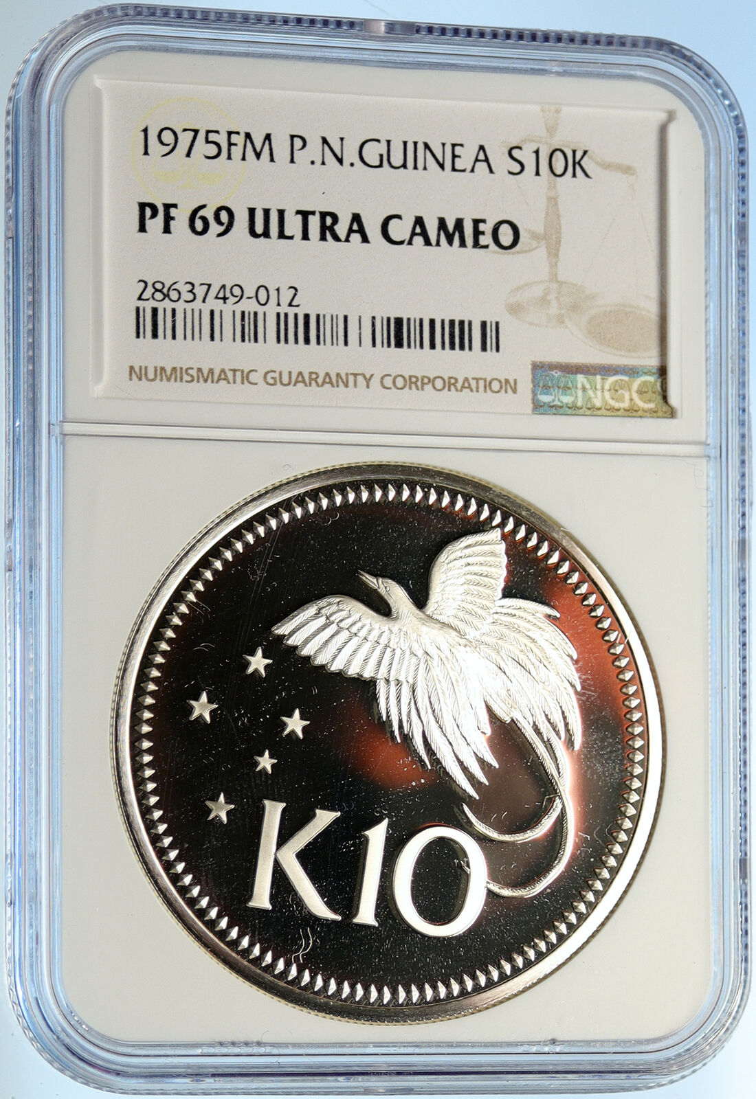 1975 PAPUA NEW GUINEA Large Exotic Bird Proof Silver 10 Kina Coin NGC i99679