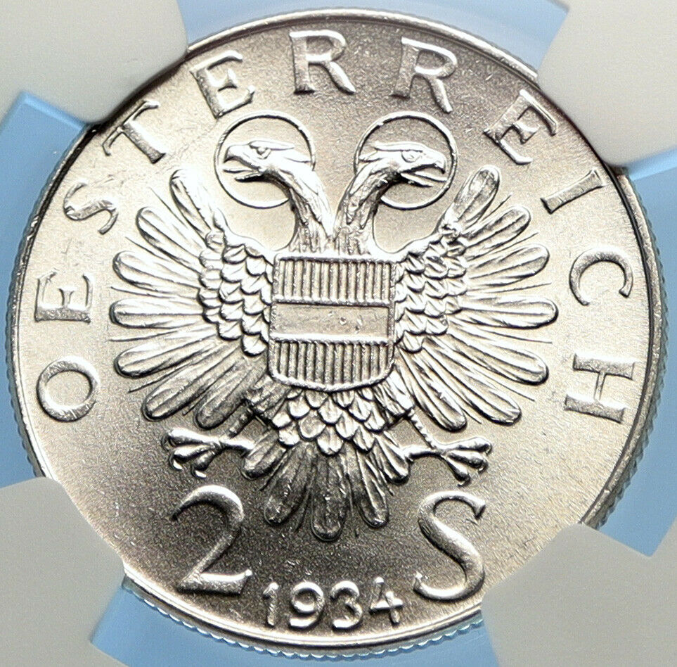 1934 AUSTRIA Hero Engelbert Dollfuss Eagle OLD Silver 2 Shilling Coin NGC i98399