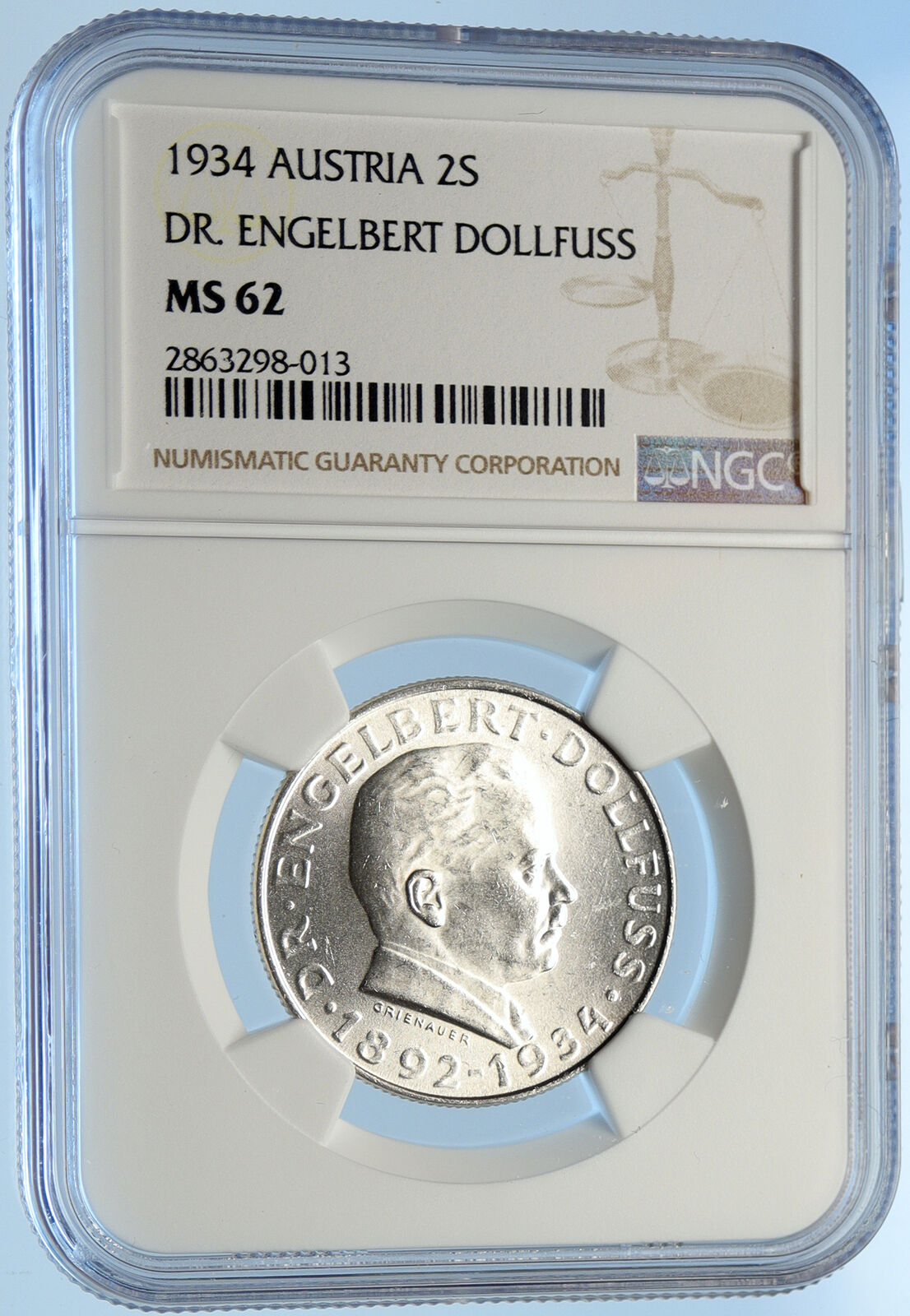 1934 AUSTRIA Hero Engelbert Dollfuss Eagle OLD Silver 2 Shilling Coin NGC i98399