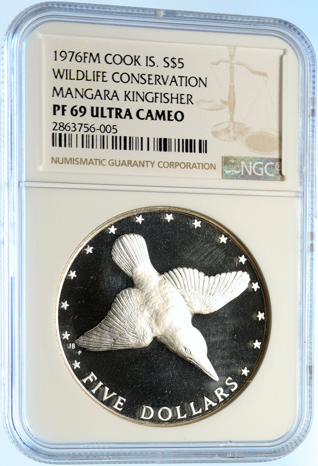 1976 COOK ISLANDS Proof Silver 5 Dollars Coin MANGARA KINGFISHER BIRD NGC i98431