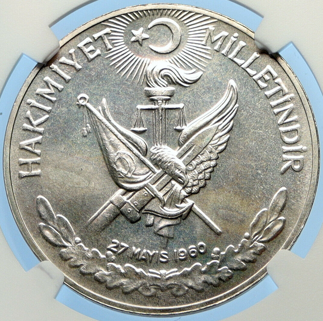 1960 Turkey 27 May REVOLUTION Silver 10 L Coin Mustafa Kemal Atatürk NGC i98400