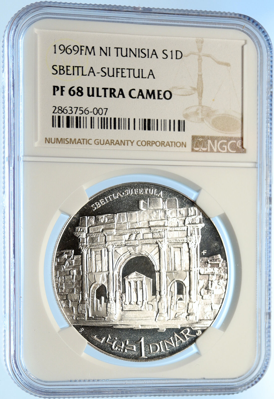 1969 TUNISIA History SBEITLA SUFETULA Old Proof Silver 1 Dinar Coin NGC i98432