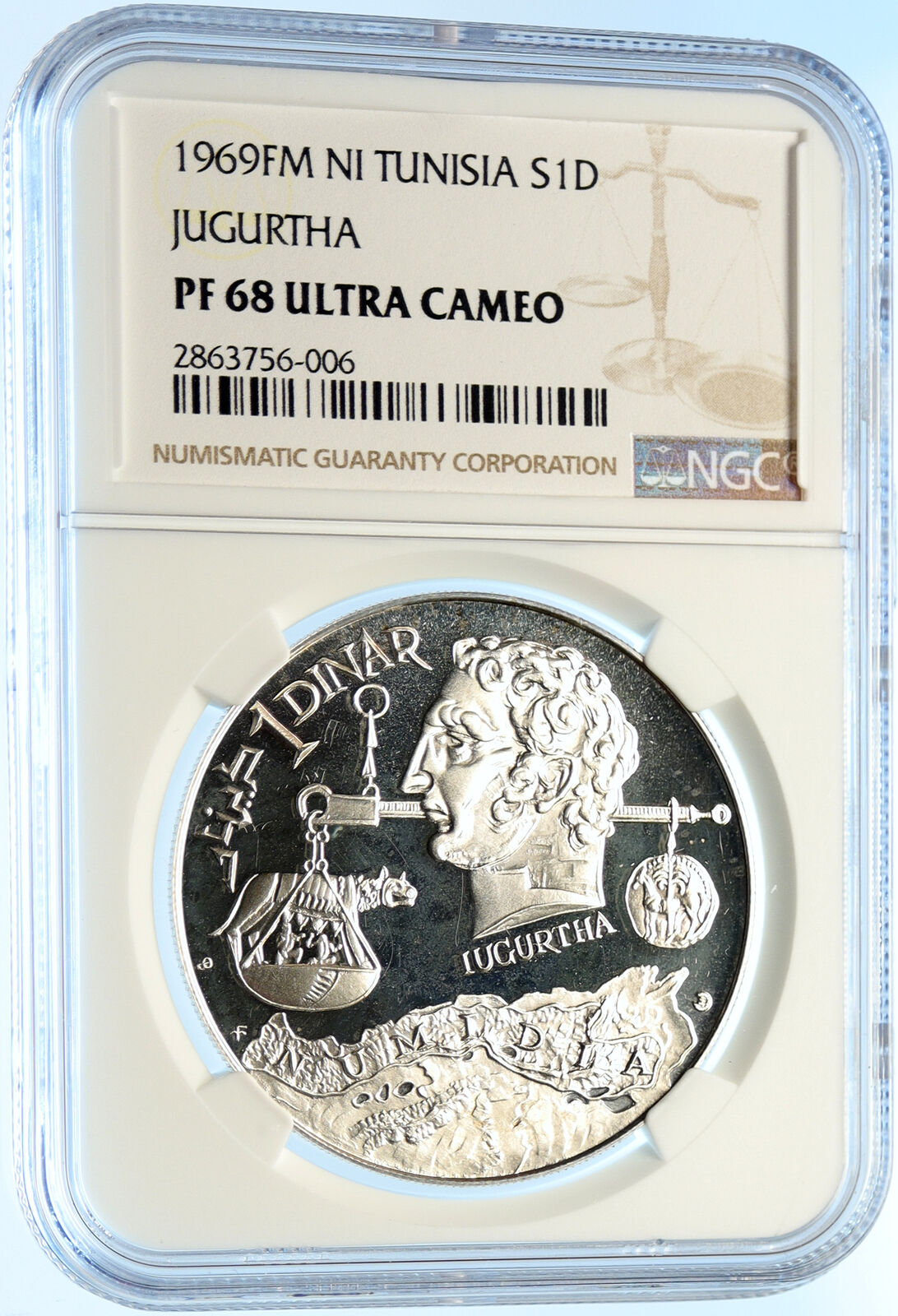 1969 TUNISIA History JUGURTHA Scales She-Wolf Silver Tunisian 1D Coin NGC i98430