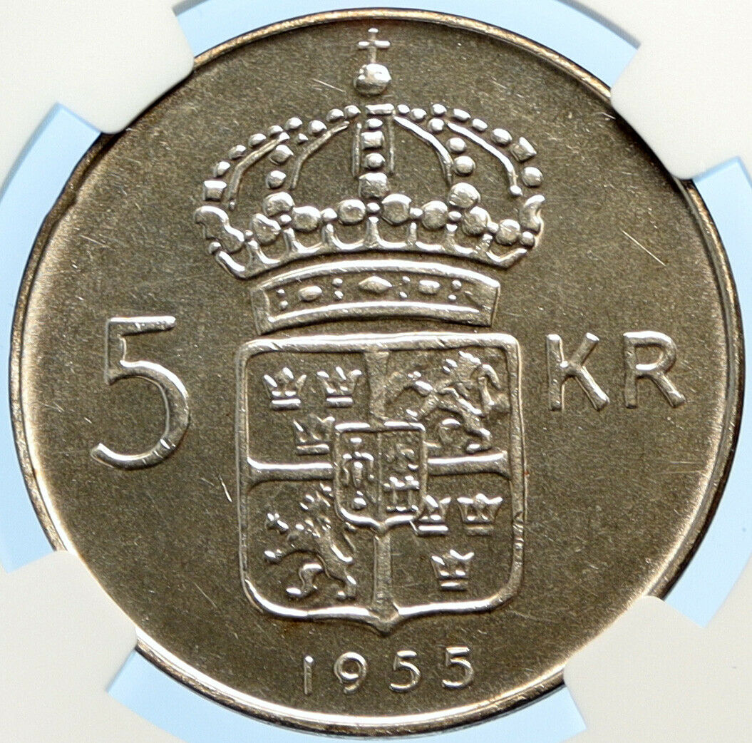 1955 Sweden KING GUSTAF VI Crowned ARMS Vintage Silver 5 Kroner Coin NGC i97526