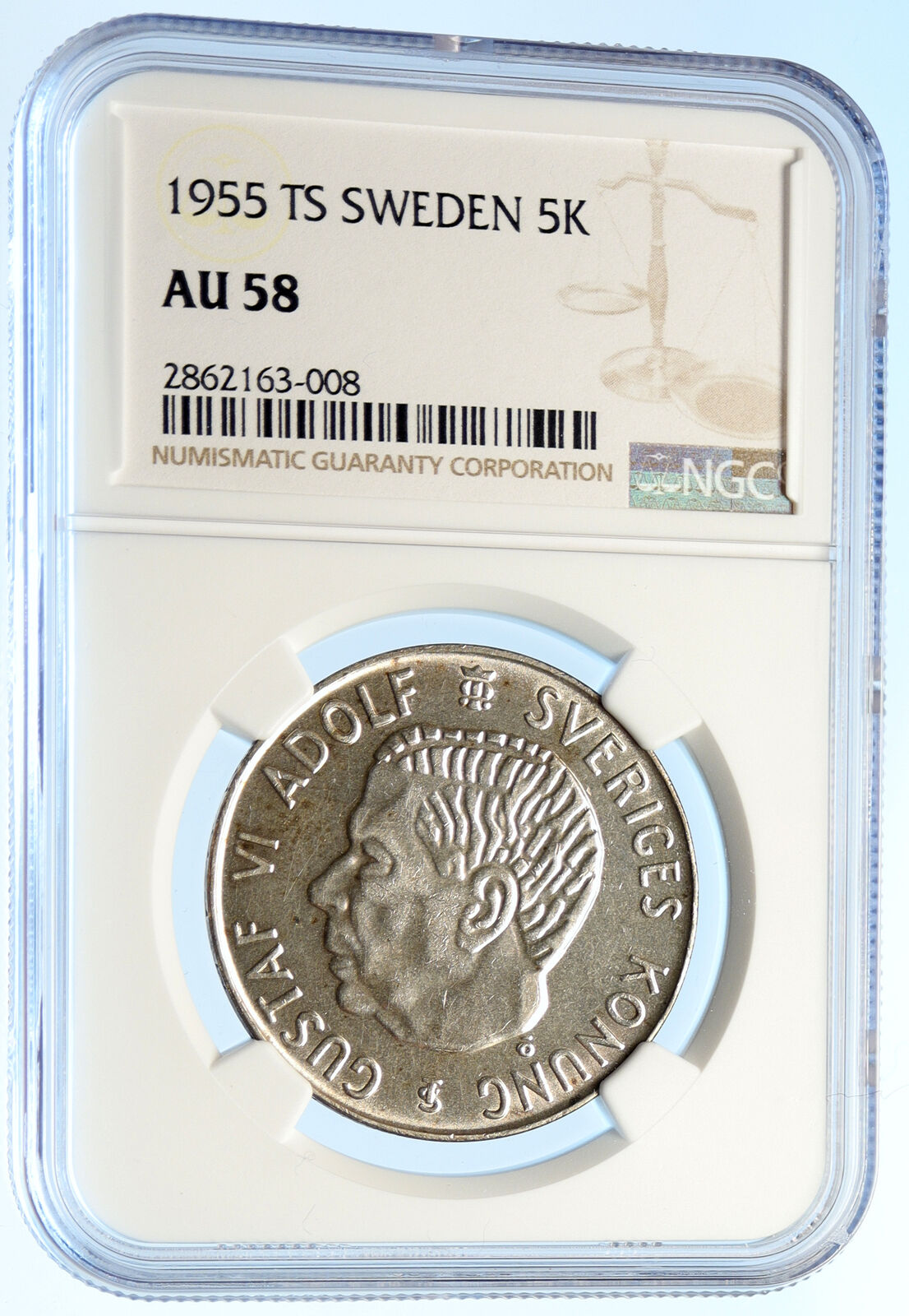 1955 Sweden KING GUSTAF VI Crowned ARMS Vintage Silver 5 Kroner Coin NGC i97526