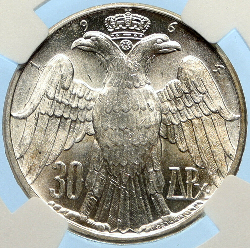 1964 GREECE Marriage Constantine & Anne-Marie Silver 30 Drachmai Coin NGC i97524