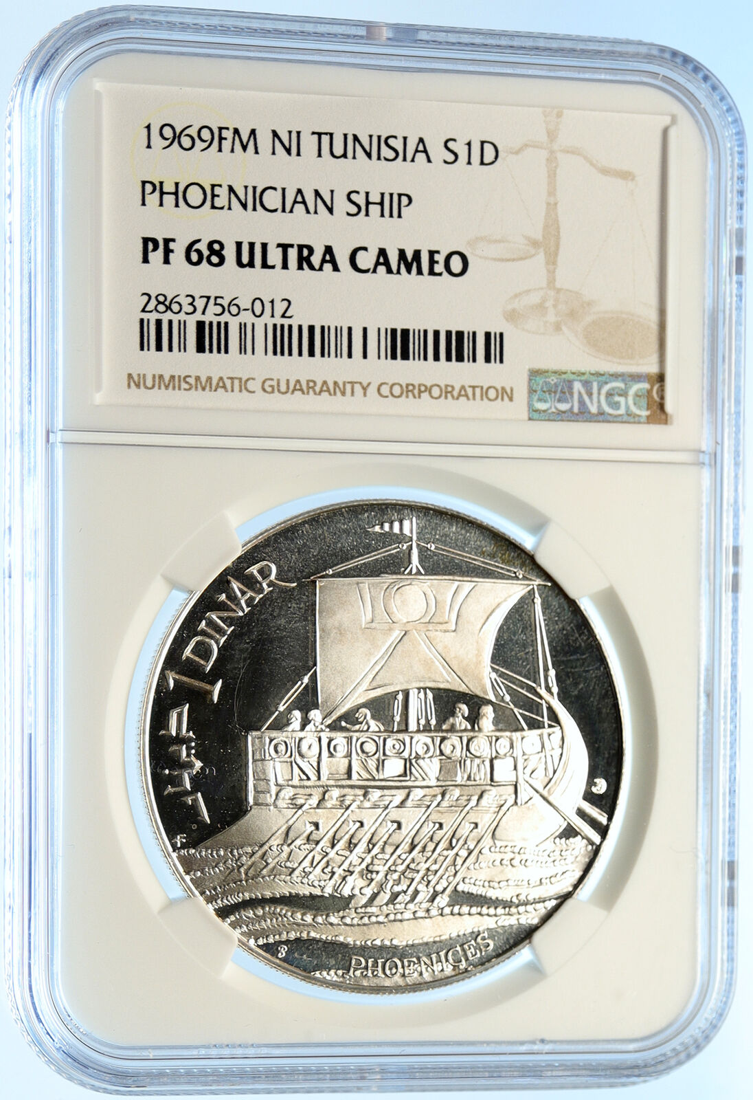 1969 TUNISIA Historical GREEK PHOENICIAN SHIP Proof Silver Dinar Coin NGC i98437
