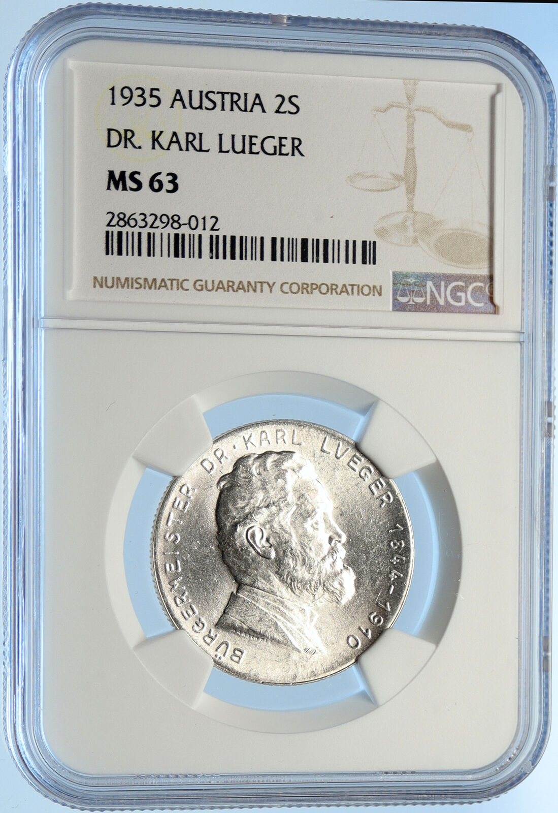 1935 AUSTRIA Dr. Karl Lueger Austrian Silver Antique 2 Shillings Coin NGC i98398