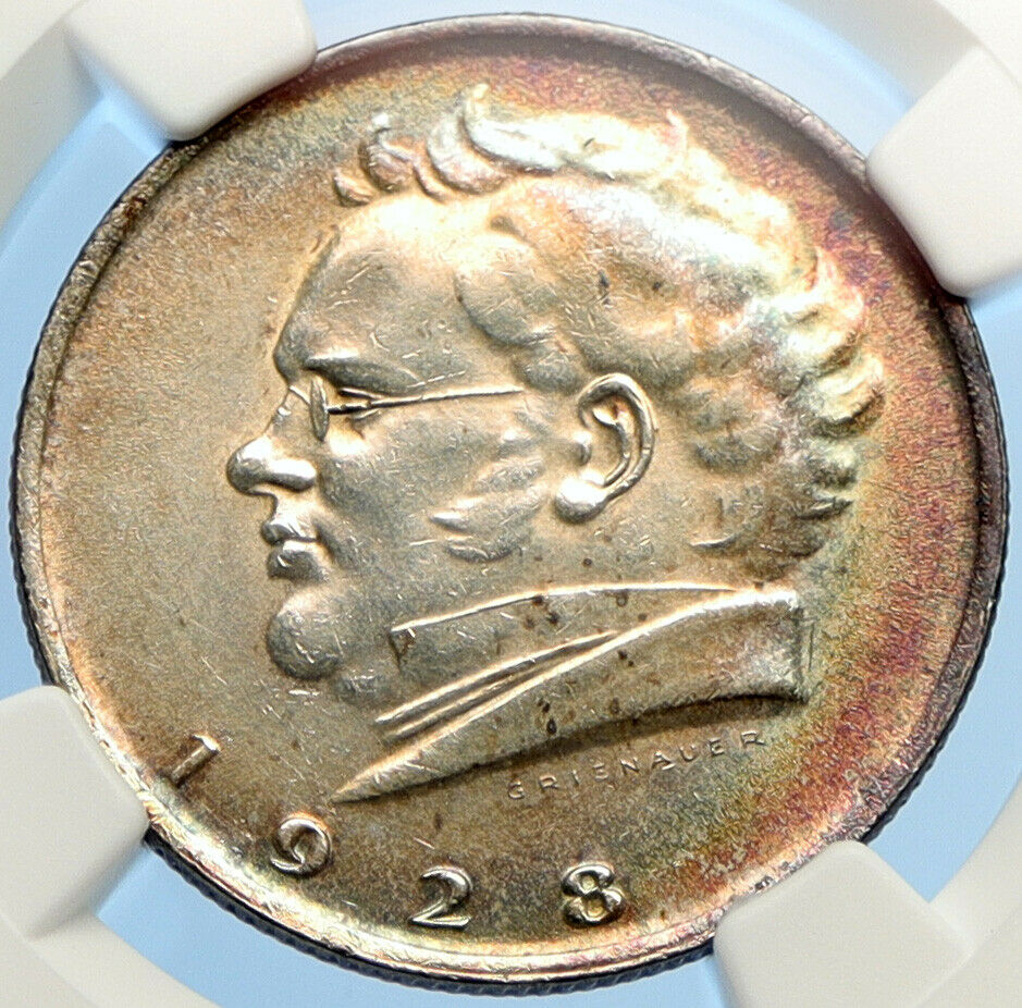 1928 AUSTRIA Composer Franz Schubert Antique Silver 2 Schilling Coin NGC i98406