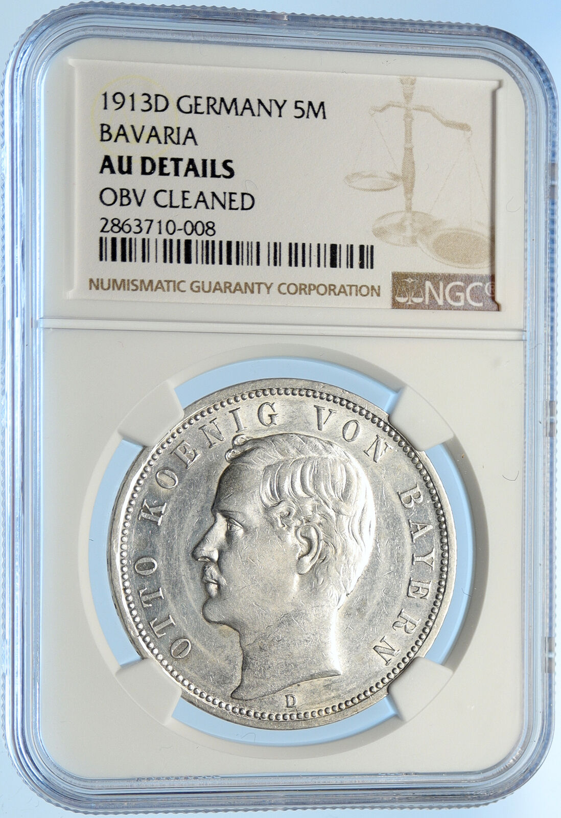 1913 GERMANY Bavaria under Otto I w Eagle Antique Silver 5 Marks Coin NGC i98390