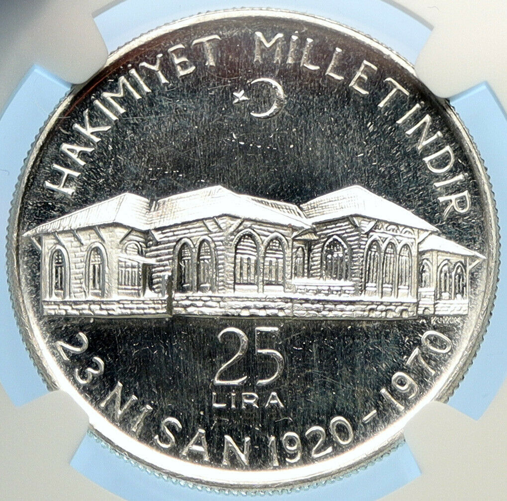 1970 TURKEY National Assembly ANKARA Old Building Silver 25 Lira Coin NGC i98407