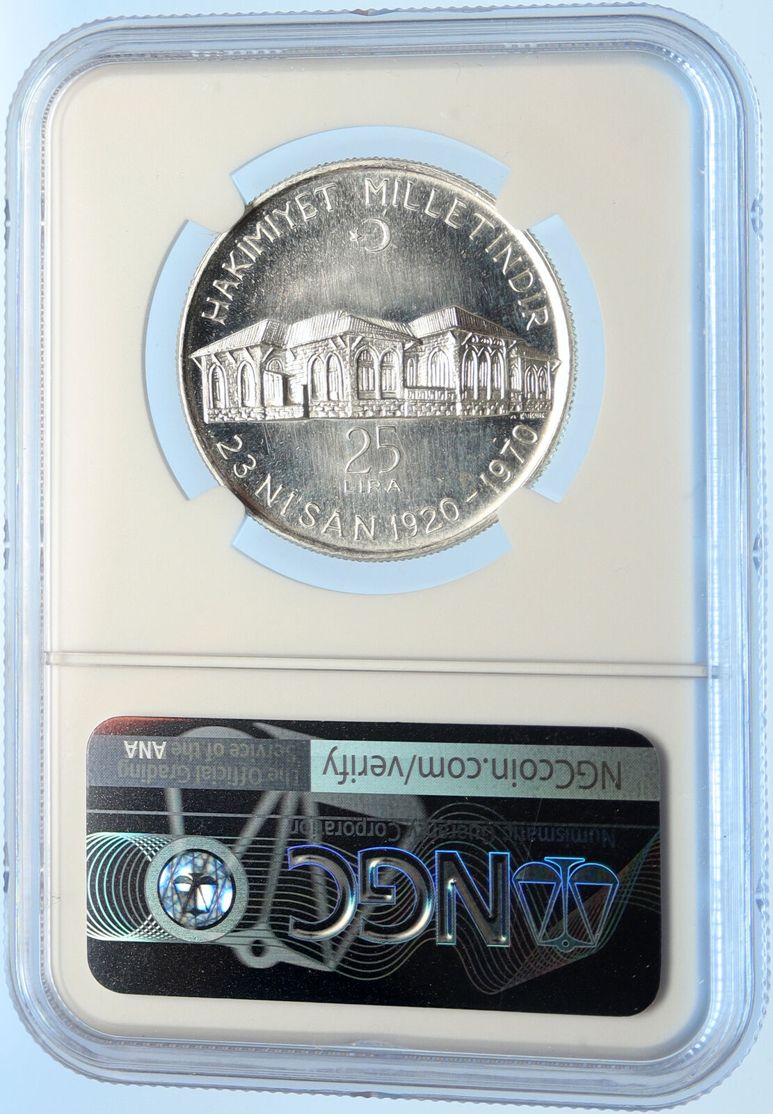 1970 TURKEY National Assembly ANKARA Old Building Silver 25 Lira Coin NGC i98407