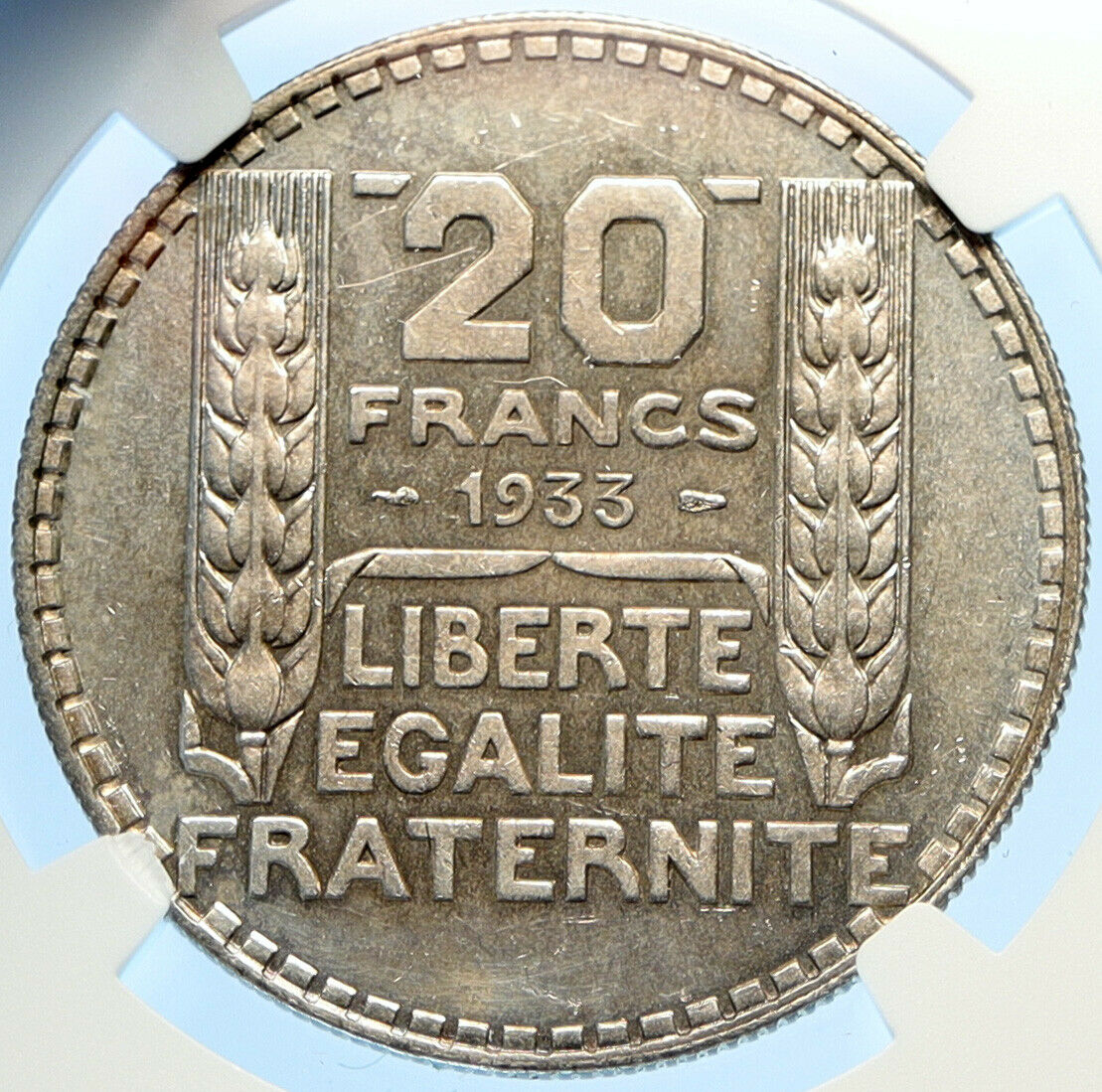 1933 FRANCE Authentic Vintage French MOTTO Old Silver 20 Francs Coin NGC i98392