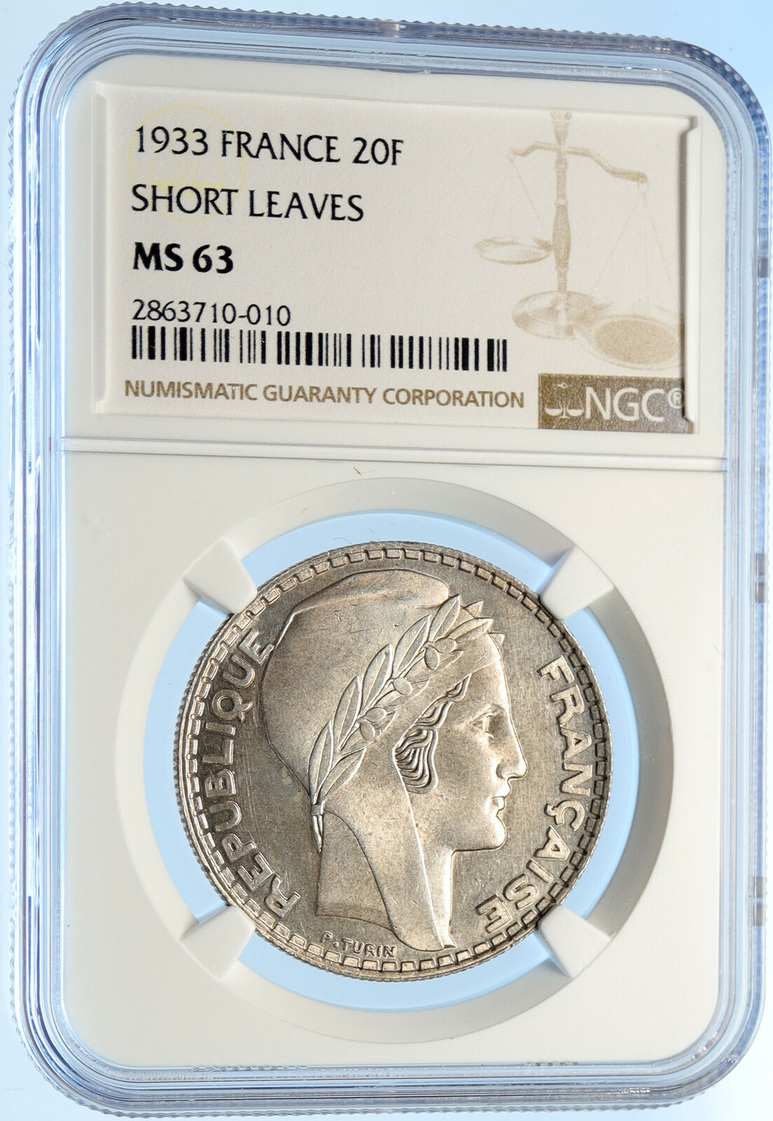 1933 FRANCE Authentic Vintage French MOTTO Old Silver 20 Francs Coin NGC i98392