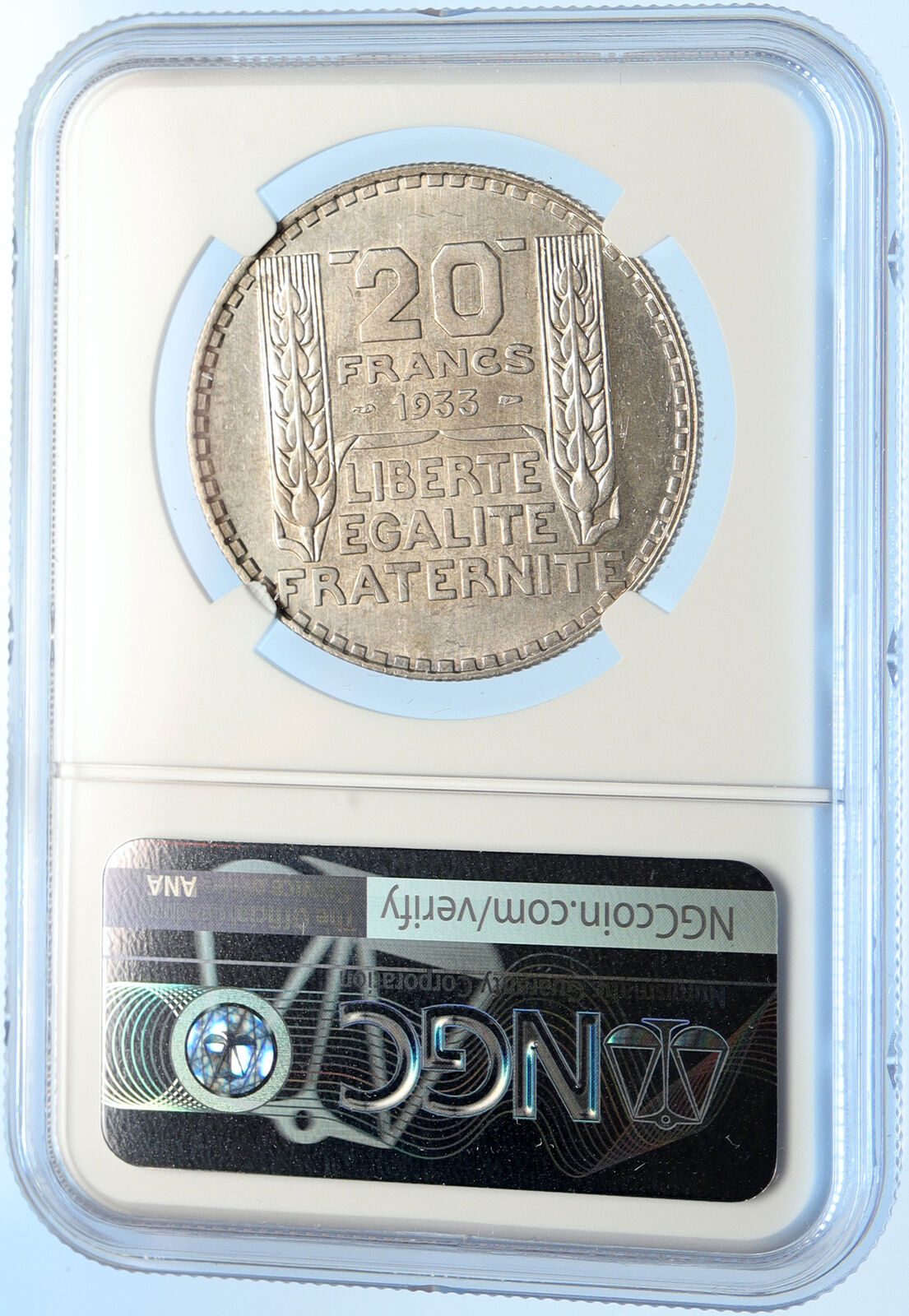 1933 FRANCE Authentic Vintage French MOTTO Old Silver 20 Francs Coin NGC i98392