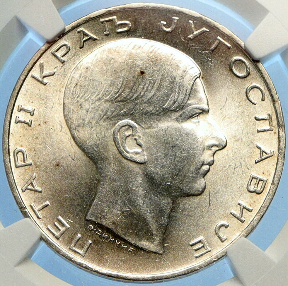 1938 YUGOSLAVIA King Peter II Crowned Eagle OLD Silver 50 Dinara Coin NGC i98387